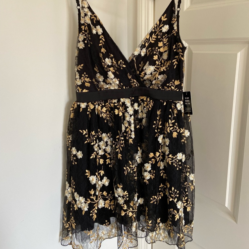 Express Gold/Black Floral Embroidered Tulle Dress
